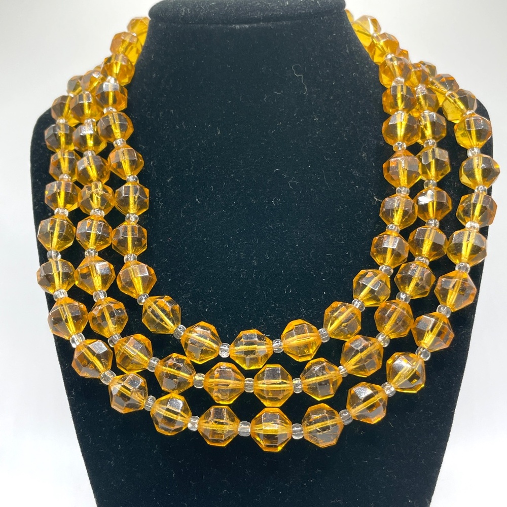 Vintage Unsigned 3 Strand Topaz Color Glass Crystal Statement Bib Necklace